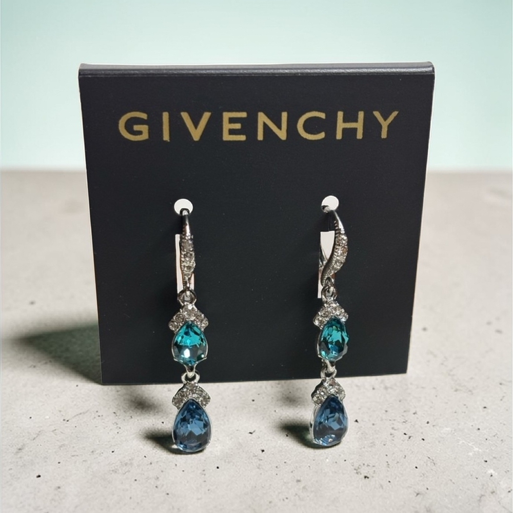 Givenchy Silver Drop Earrings with Teal and Blue Stones NWT